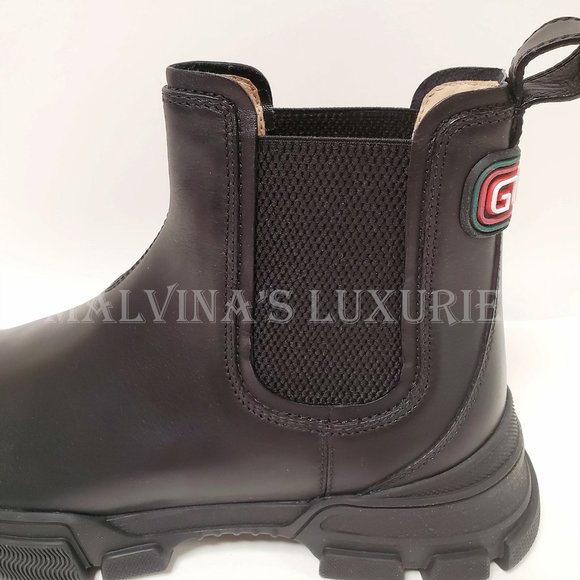 GUCCI MENS BOOTS LEON ANKLE CHELSEA LOGO BACK BLACK LEATHER sz 9G 9.5 US - Picture 11 of 14